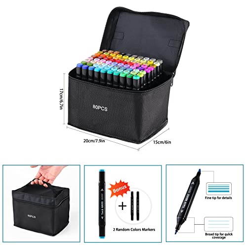 Ordeluxe 80 Couleurs Feutre A Alcool pour Artistes et Adultes À Colorier, Séchage Rapide En Une Seconde, Avec Étui De Tr