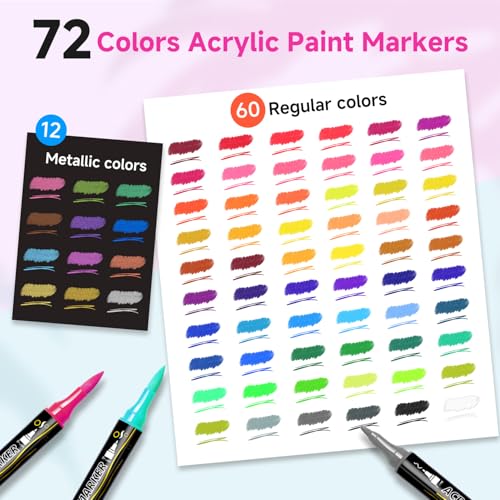 Stylos acryliques 72 couleurs Marqueur double pointe Acrylique pour coloriage adulte Bois Verre Tissu Toile Papier 120ml