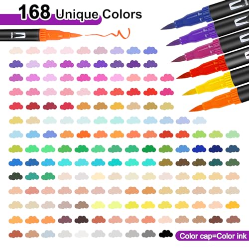 Gelanty Stylos Coloriage Adulte 168 Pièces, Feutres Dual Tip, Calligraphie & Lettrage, Idéal pour Coloriage, Croquis & C
