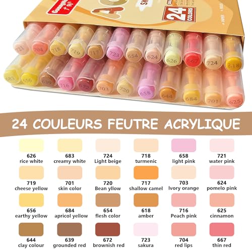 ARIEL-GXR 24 Feutres Acrylique pour Peinture, Marqueurs Pinceau Acrylique Chair pour Enfants et Adults, Acrylique Verre 
