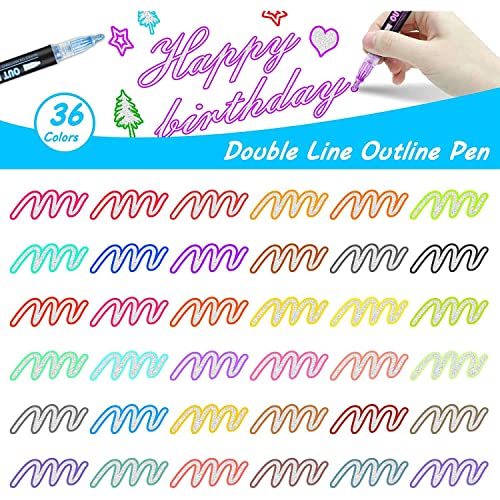 Yuattory Marqueurs de Contour à Double Ligne 36 Couleurs, Pen Sets Marqueurs MéTalliques Auto-Restant, Idéaux pour Dessi
