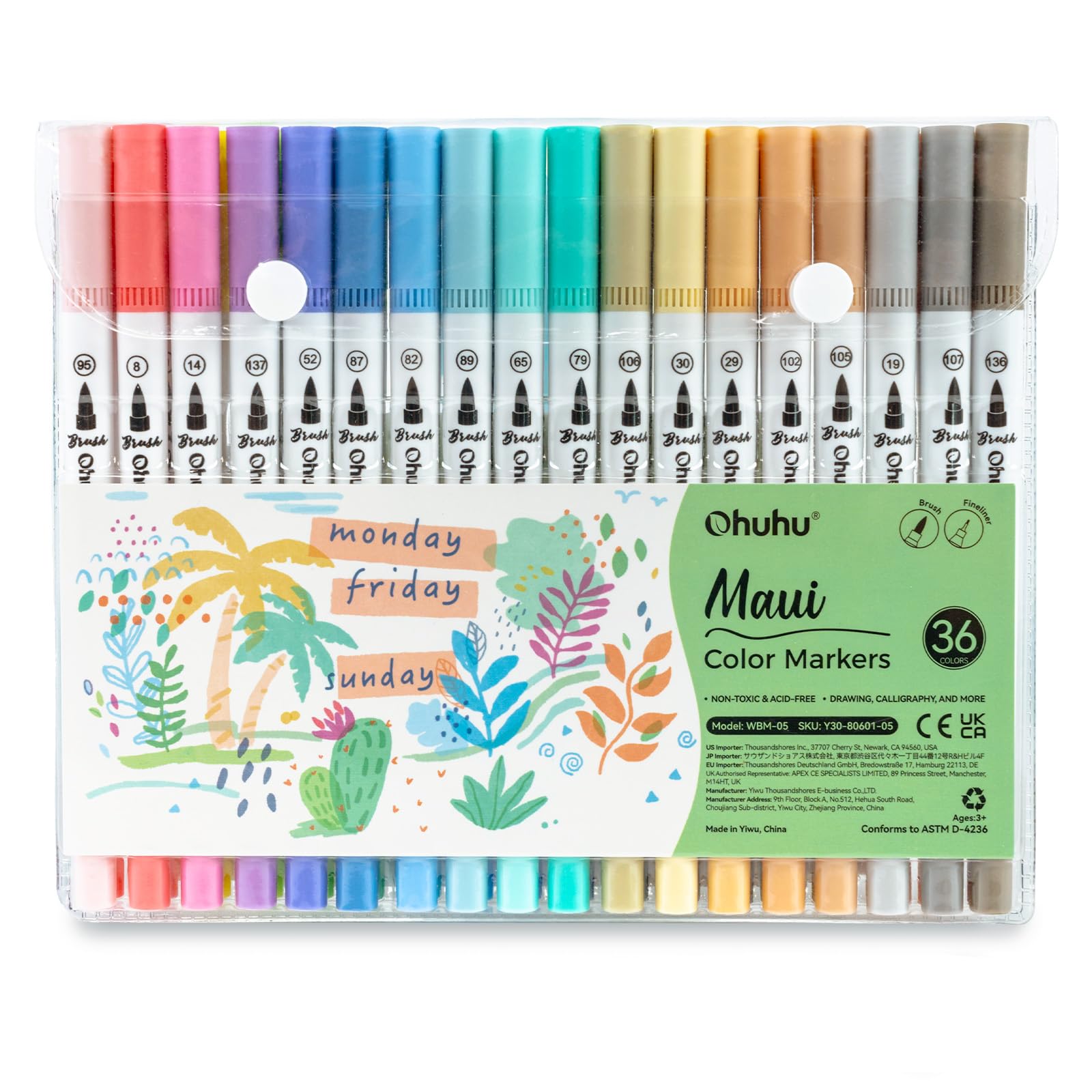 Ohuhu Feutres Coloriage Pastel, 36 Couleurs Double Pointe Fine et Pinceau pour Mandala, Non-Toxiques pour Enfants