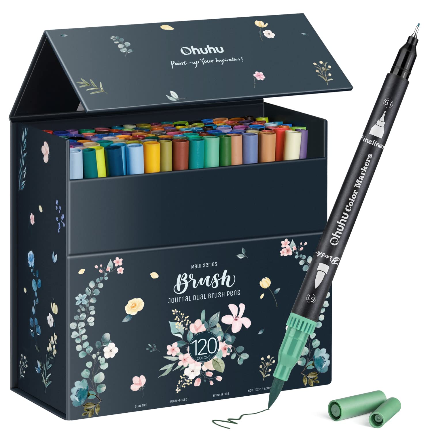 Ohuhu Feutres à aquarelles pour adultes, 120 couleurs, double pointe fine et pinceau, idéal pour calligraphie et mandala