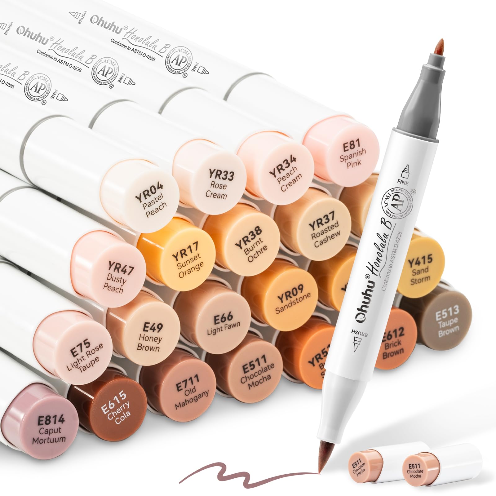 Ohuhu marqueurs à alcool 24 couleurs pour artistes, pinceau et ciseau, idéaux pour croquis et coloration de tons de peau
