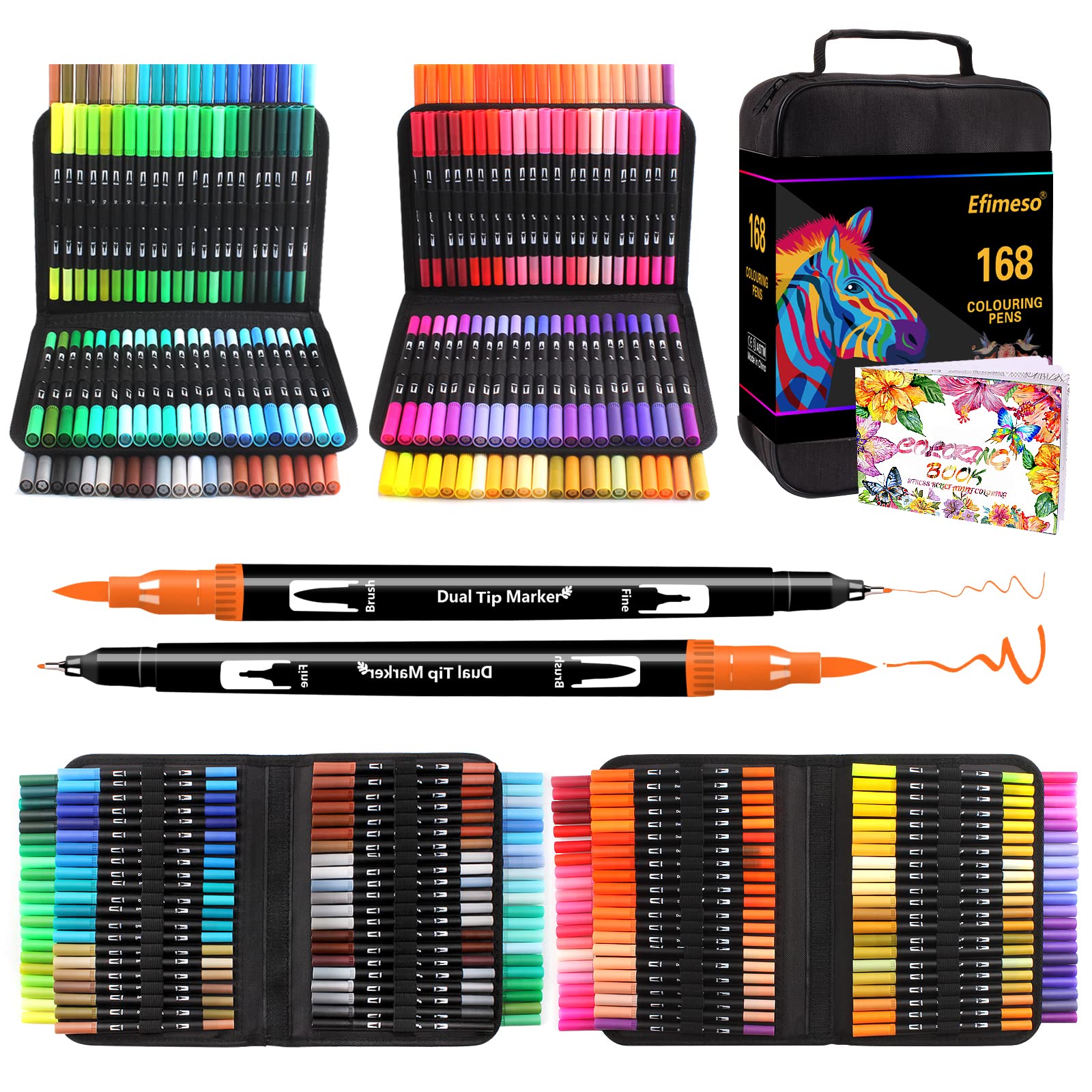Efimeso 168 Couleurs Feutres Coloriage Adulte, Stylo Feutre Double Pointe Fine, Feutres Pinceaux Aquarelle Marqueurs pou