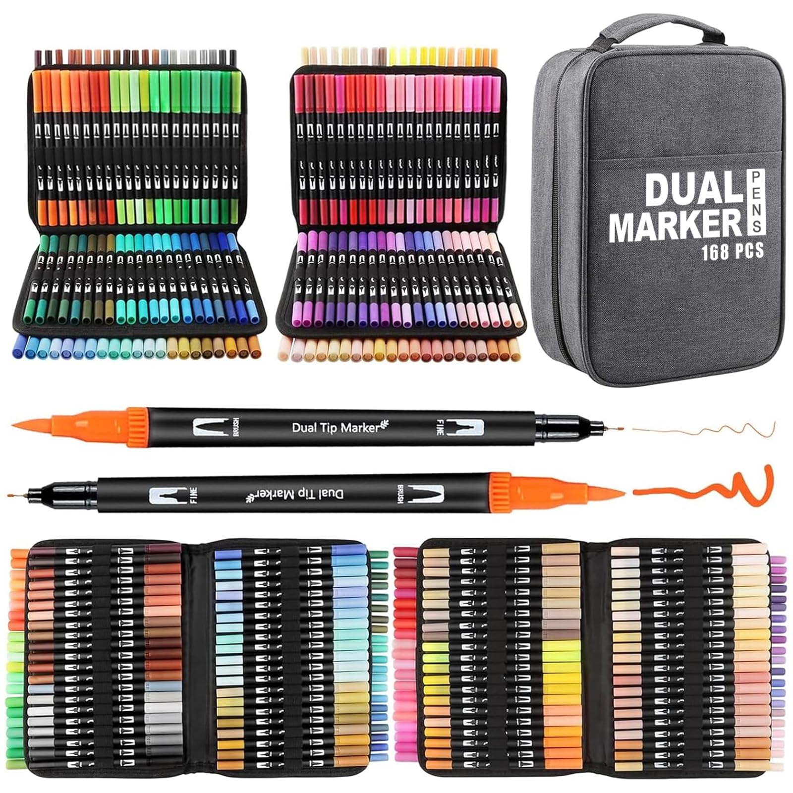 Gelanty Stylos Coloriage Adulte 168 Pièces, Feutres Dual Tip, Calligraphie & Lettrage, Idéal pour Coloriage, Croquis & C